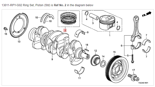 Honda OEM Piston Ring Set for K20C1 engine 2017+ Honda Civic Type R FK8 13011-RPY-G02