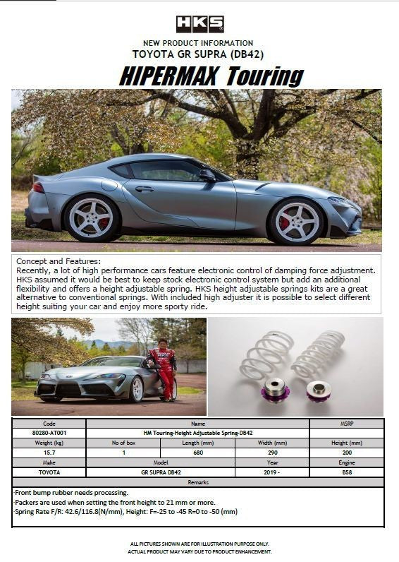 HKS HIPERMAX Touring-Height Adjustable Spring for 2020 TOYOTA GR SUPRA A90 MKV