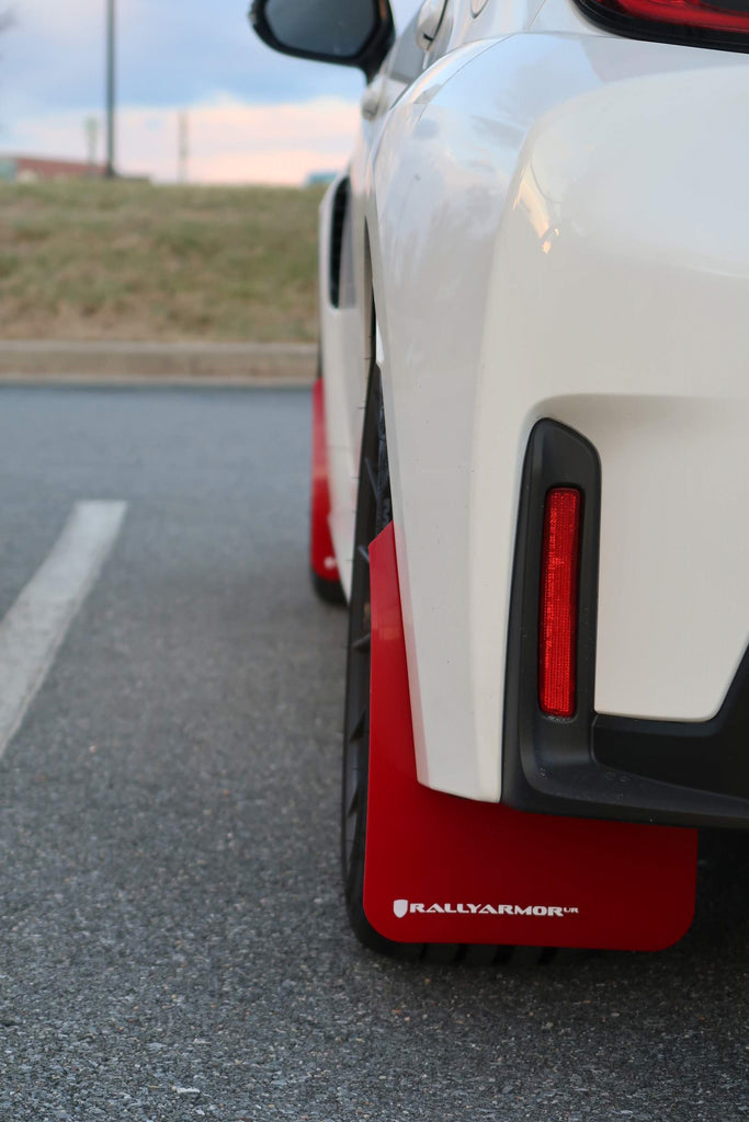 Rally Armor UR Black Polyurethane Mud Flaps W/ White Logo For 2019-2023 Toyota Corolla Hatchback - Front & Rear Set